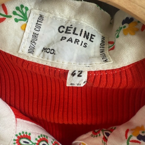 Celine Red Button Up Cotton Cardigan Top with Floral Collar & Trim • 42 - Picture 8 of 10